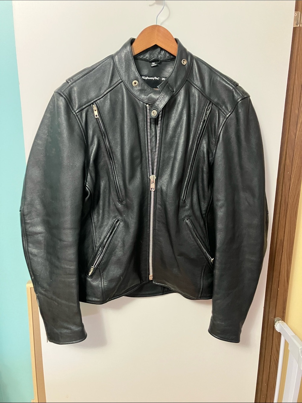 Highway One Men’s Black Leather Motorcycle Jacket with Zip Pockets
